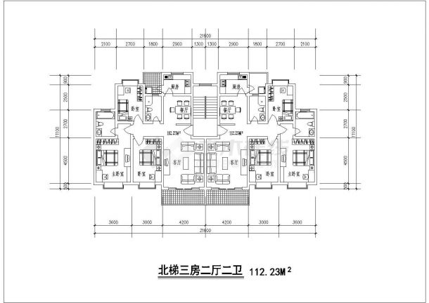 某1梯2户户型对称CAD详细节点图【北梯，3室2厅2卫2阳台、每户112.23平米】-图一