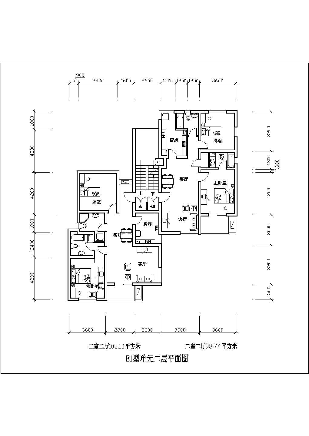 某二室二厅103平米平立面CAD图纸