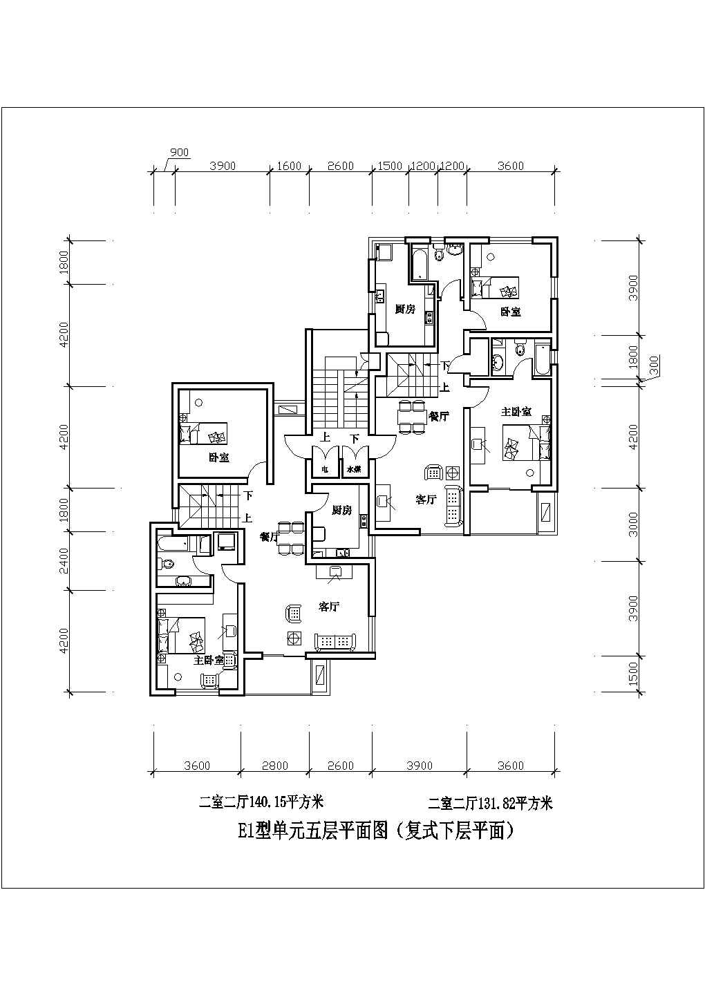 某中式二室二厅140平米CAD住房平立面构造图纸