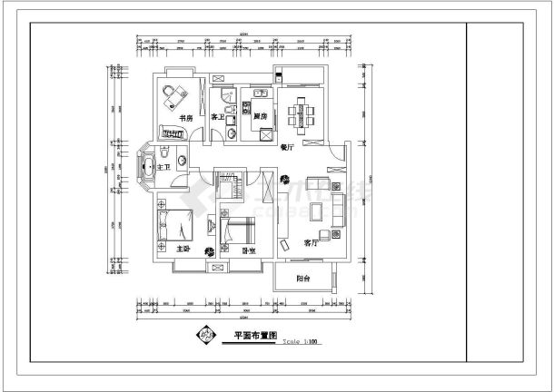 某套房户型1个CAD平立剖面图纸【3室2厅2卫1阳台、长13.14米、宽12.24米】-图二