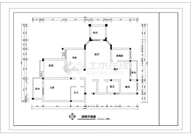 某套房户型1个CAD大样详细施工图纸【3室2厅2卫3阳台1保姆房、长18.24米、宽13.5米】-图一
