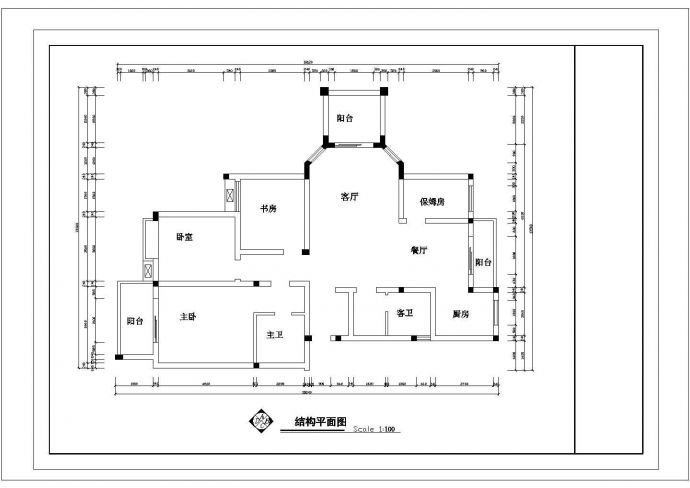 某套房户型1个CAD大样详细施工图纸【3室2厅2卫3阳台1保姆房、长18.24米、宽13.5米】_图1