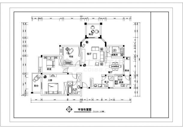 某套房户型1个CAD大样详细施工图纸【3室2厅2卫3阳台1保姆房、长18.24米、宽13.5米】-图二