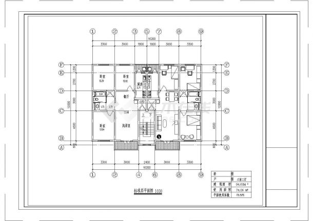 某小区住宅1梯2户标准层对称户型CAD详细大样图纸【3室2厅1卫2阳台 94.6平米】-图一