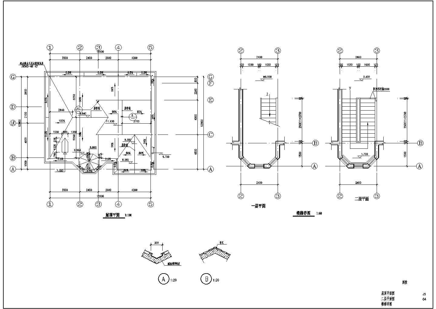 2层美式别墅建筑施工图CAD图纸设计【平立剖 楼梯详图 大样图】