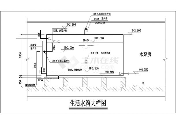 镇江市某大型工厂生活区的设备泵房给排水系统设计CAD图纸-图二