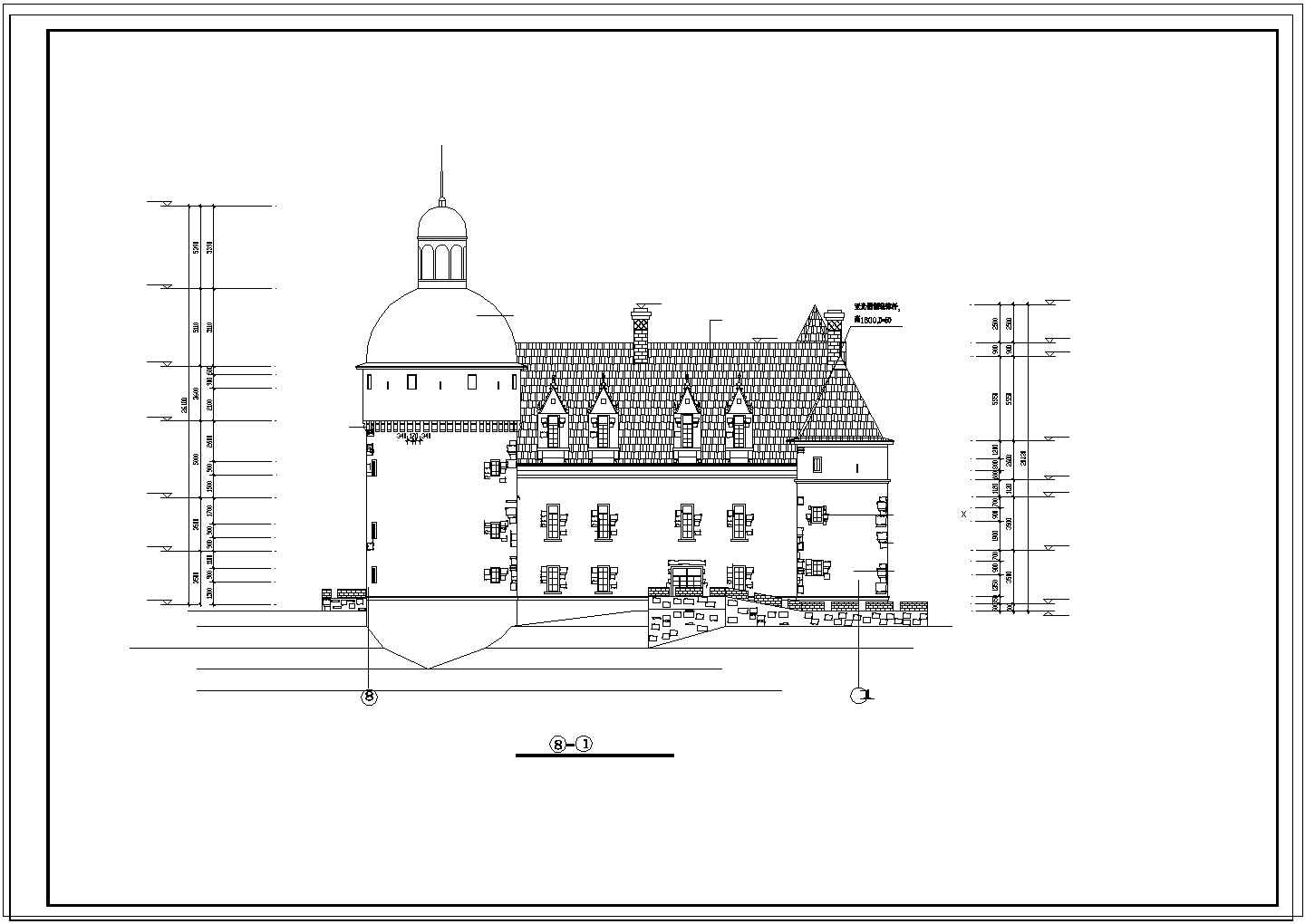 3层坡顶法国古堡建筑cad施工图纸