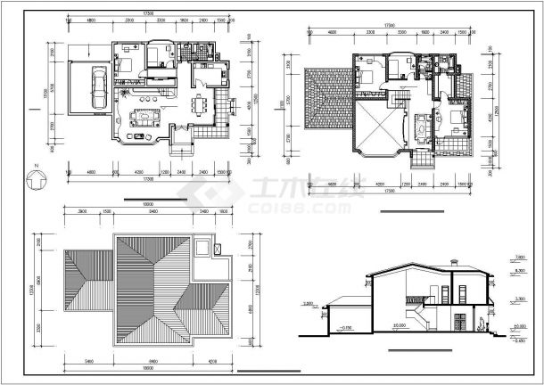 2层别墅建筑方案设计图【各层及屋顶平面 4立面1剖面】cad图纸-图二