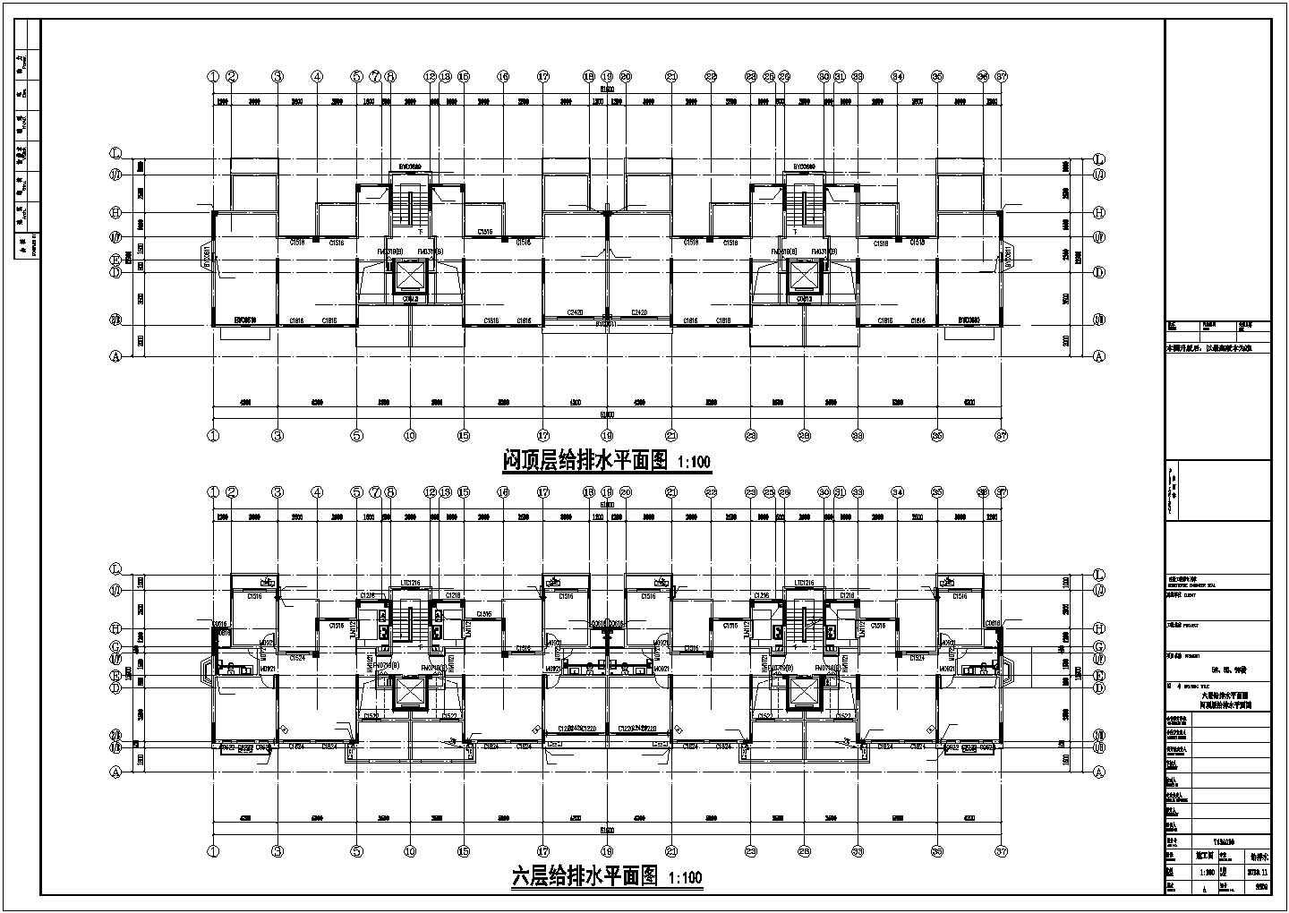 济南文苑花园小区4610平米6+1层框架住宅楼给排水平面设计CAD图纸