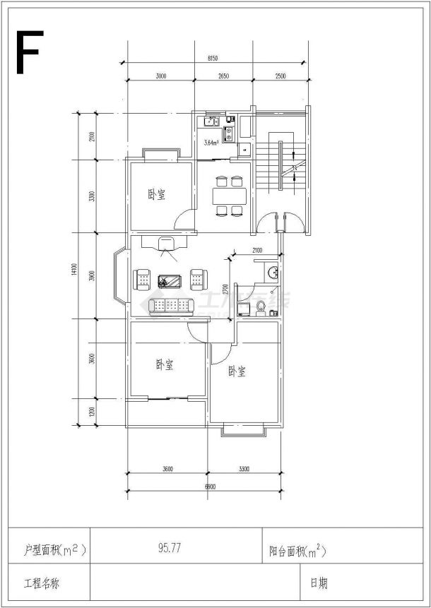 设计小区住宅经典套房平面设计【独户 1梯2户， 1户1房1厅】-图一