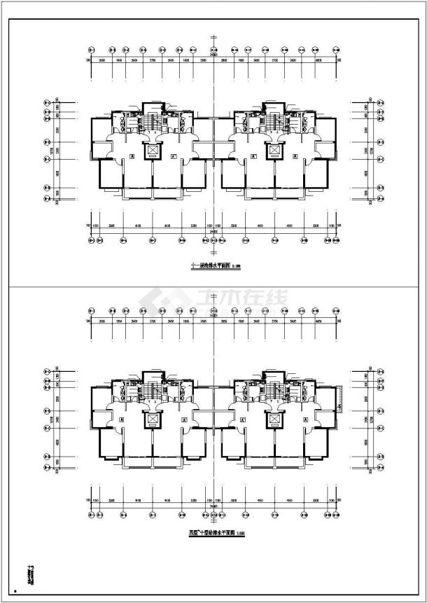 武汉市智慧花园小区两栋11层框架结构住宅楼给排水平面设计CAD图纸-图二