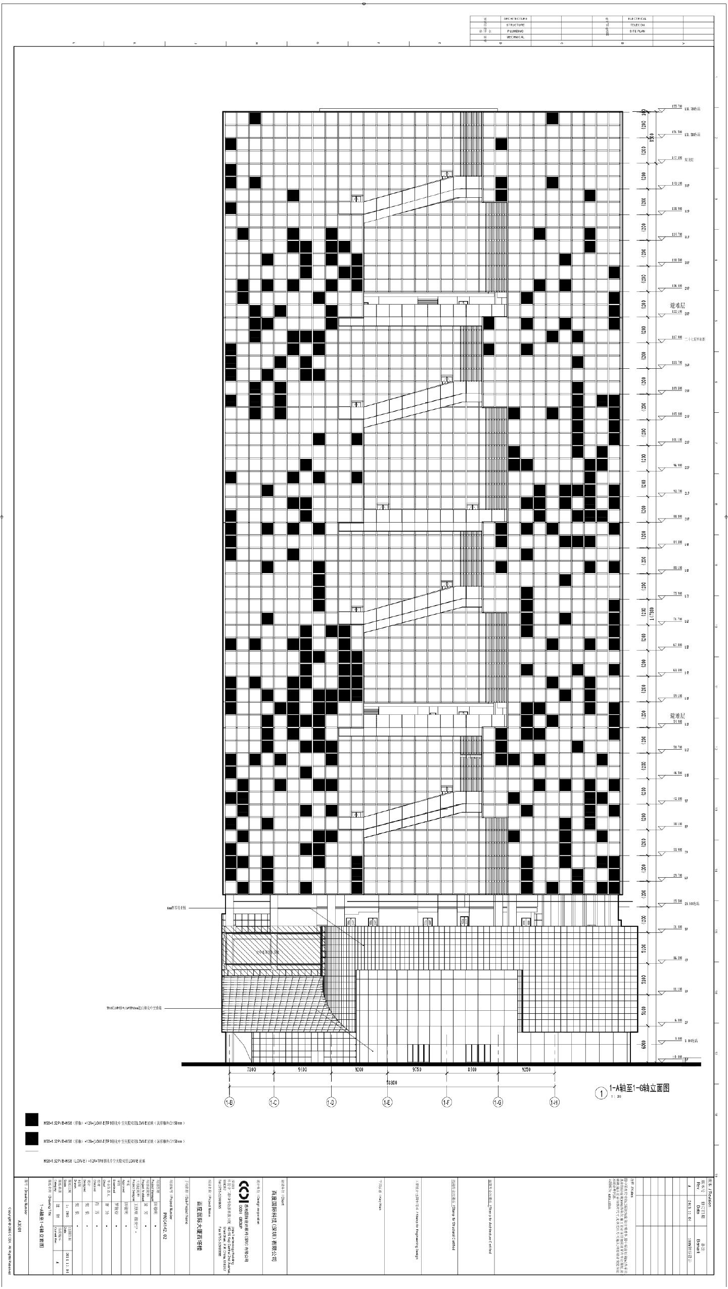 某国际大厦西塔初步设计轴立面图