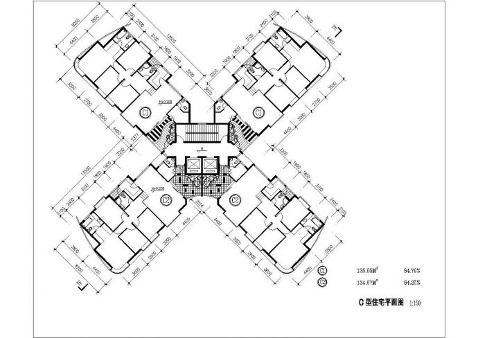 苏州某住宅楼135+134大面积对称户型1梯4户标准层平面设计CAD图纸_图1