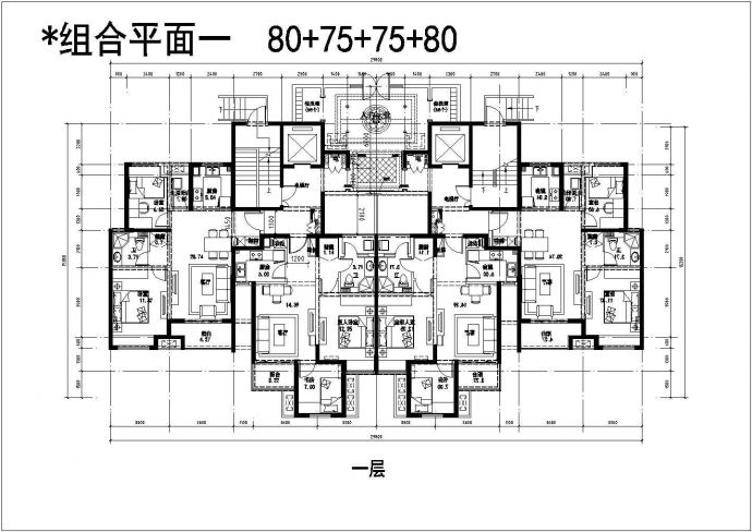 某城市高层建筑户型及组合平面设计施工CAD图纸_图1