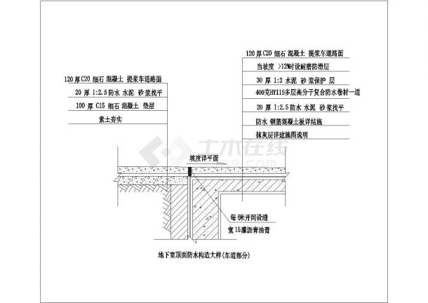 某地下室顶面防水CAD完整构造大样车道部分-图一