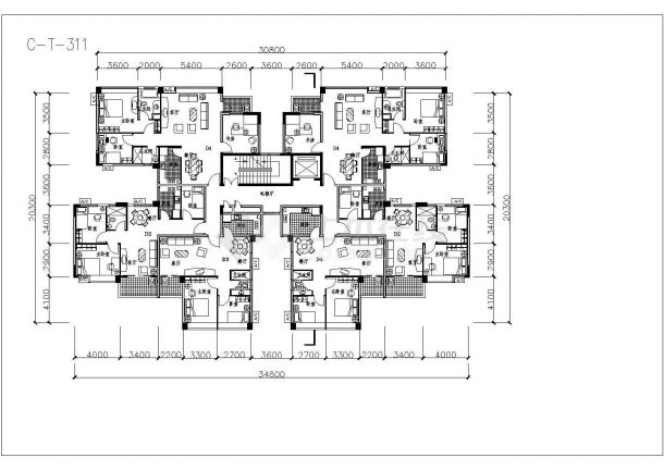 某现代民居建筑设计施工全套塔式住宅户型方案CAD图纸-图二