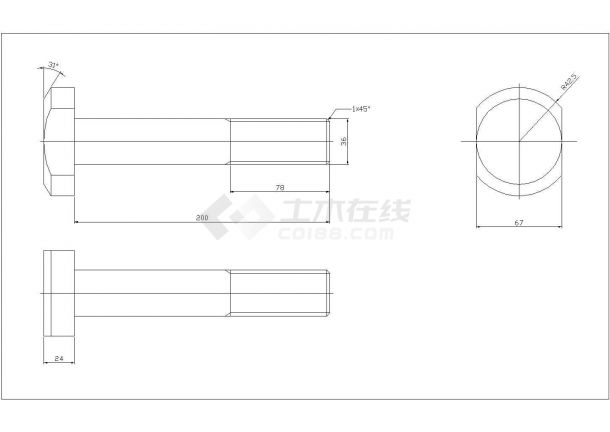 某螺栓T型槽用螺栓CAD构造施工平立面设计图-图一