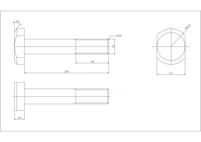 某螺栓T型槽用螺栓CAD构造施工平立面设计图_图1