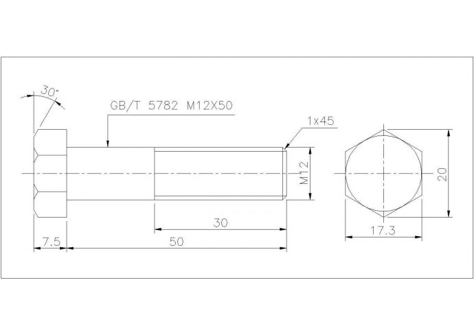 某螺栓六角头螺栓CAD平立面施工设计图_图1