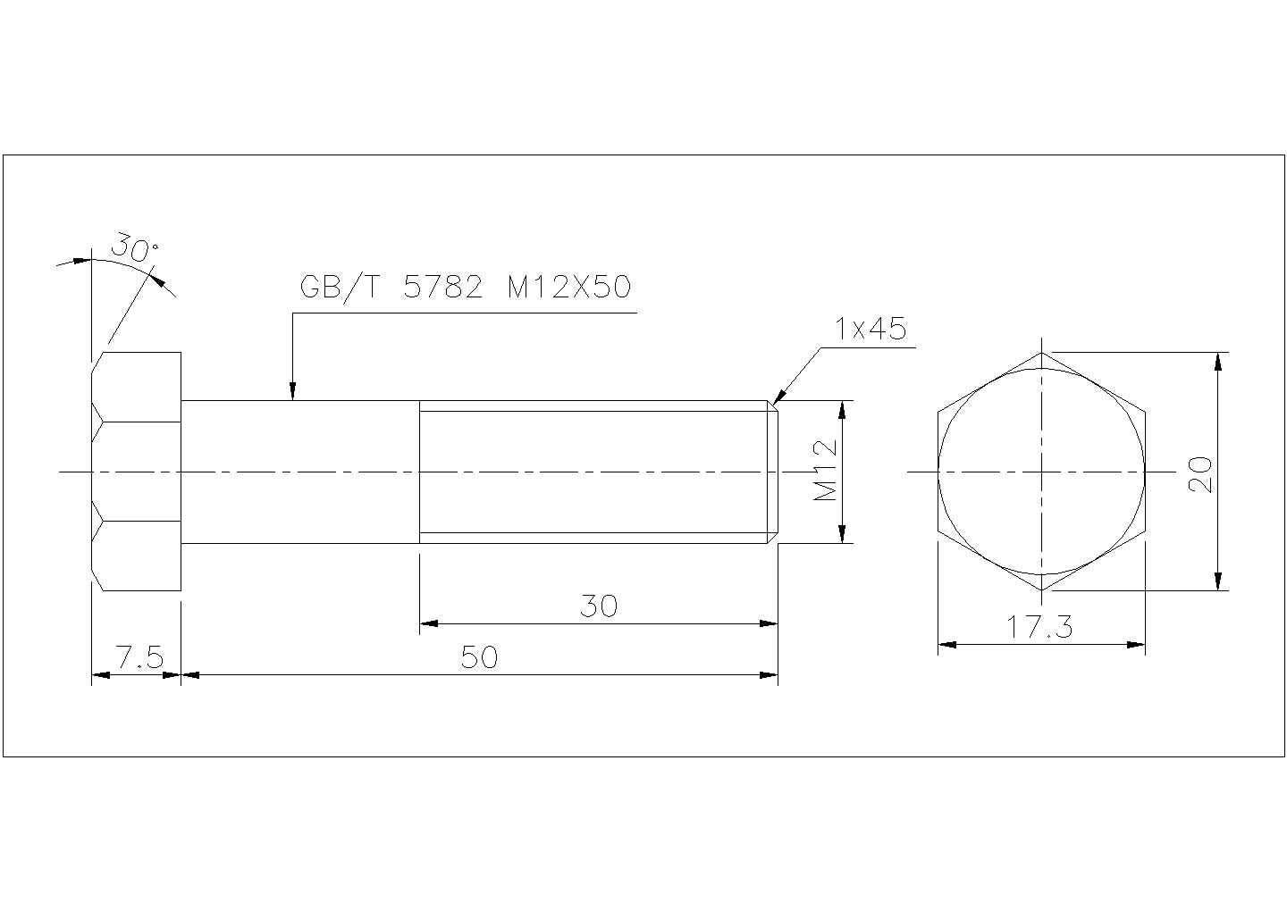 某螺栓六角头螺栓CAD平立面施工设计图