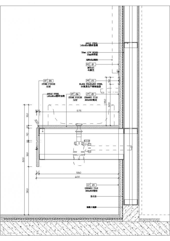 某隔断台上盆CAD详细施工设计图纸_图1
