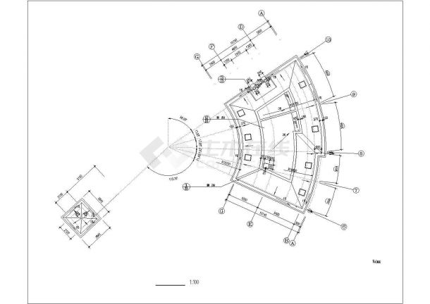 大连市瑞江花园小区三层砖混扇形结构业主会所建筑设计CAD图纸-图一
