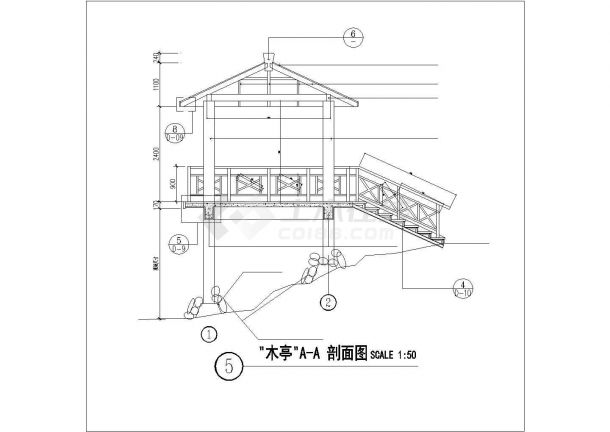 某景区四坡水木亭结构设计cad施工图-图二