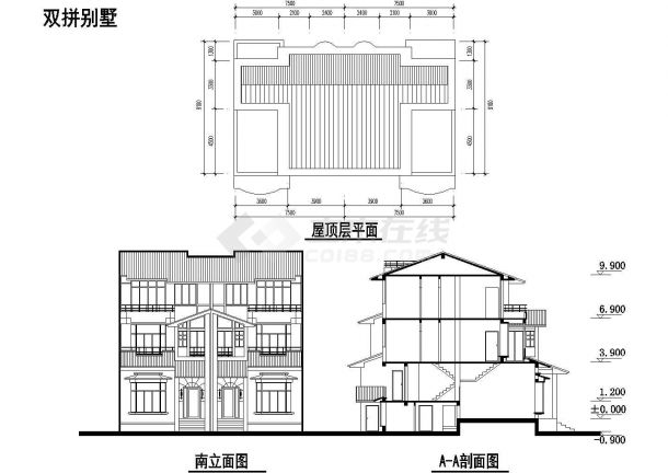 长9.6米 宽7.5x2米 3+1夹层200.5x2平米双拼别墅建筑设计图【平立剖】设计-图一