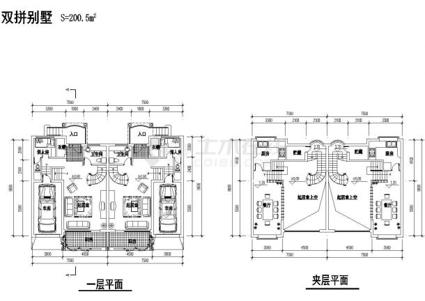 长9.6米 宽7.5x2米 3+1夹层200.5x2平米双拼别墅建筑设计图【平立剖】设计-图二