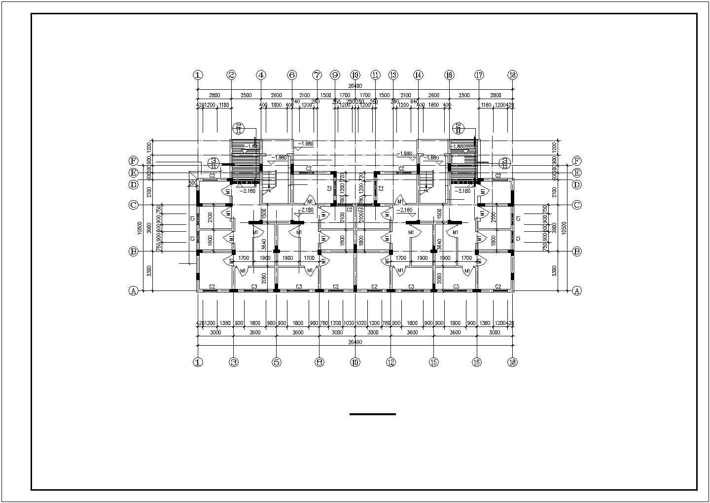 长26.4米 宽10.5米 六层二单元2户对称户型框架结构住宅全套完整大样图CAD图纸