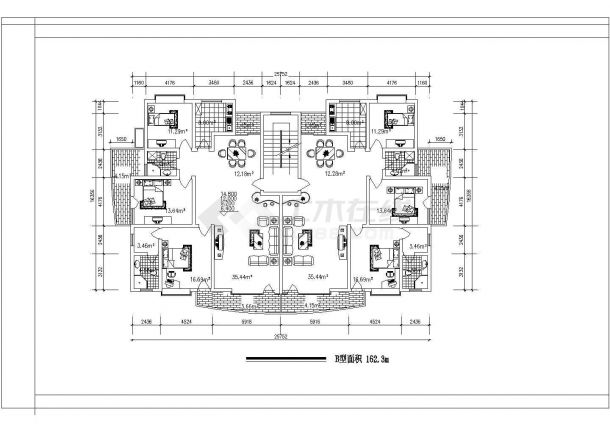 大于140平米的户型建筑施工设计CAD图纸【1梯2户 每户面积为153.2平米 162.3平米 154.24平米 156.2平米 157.2平米 141.59平米】-图一