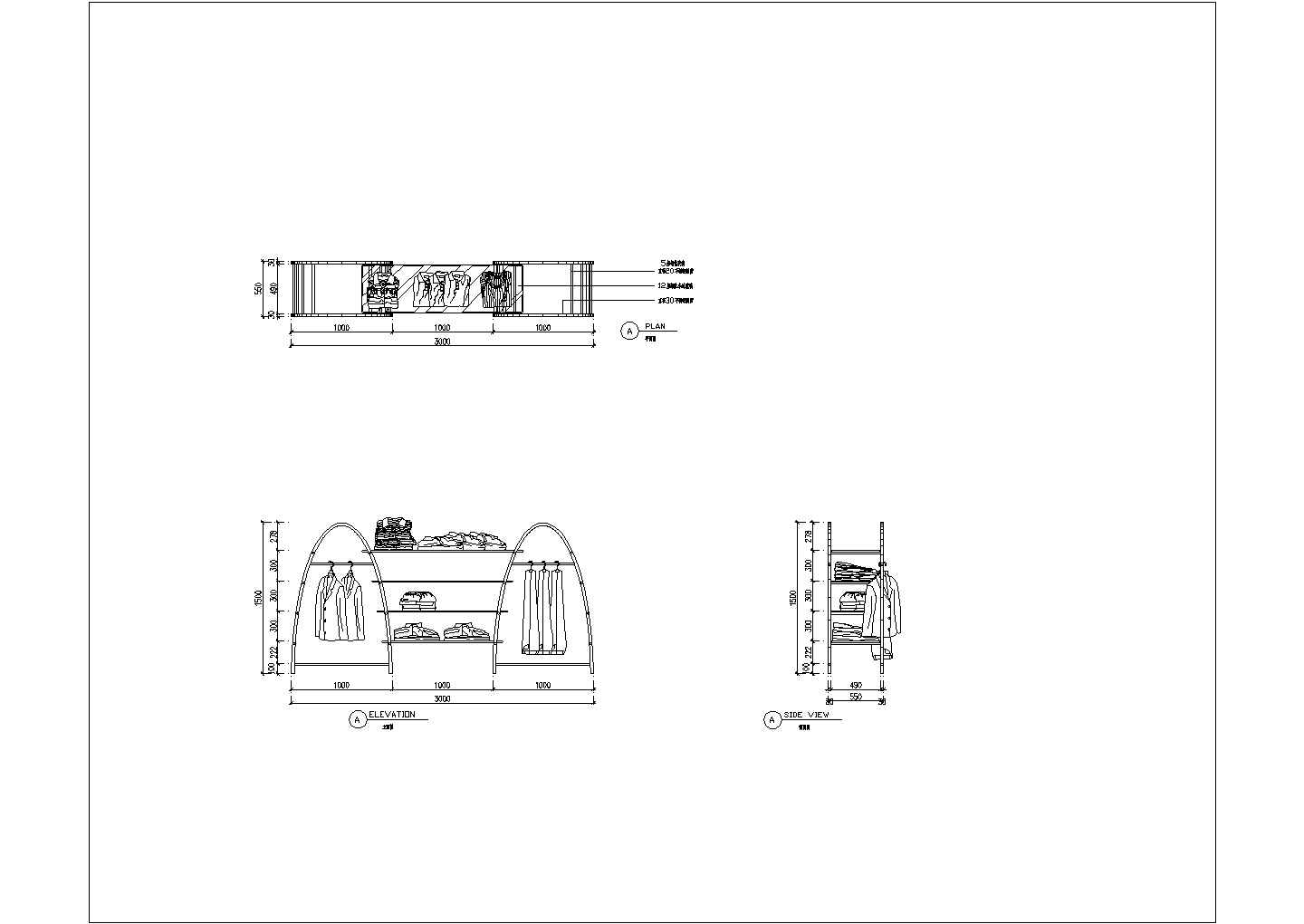 某服装店货架CAD结构施工设计详细图纸