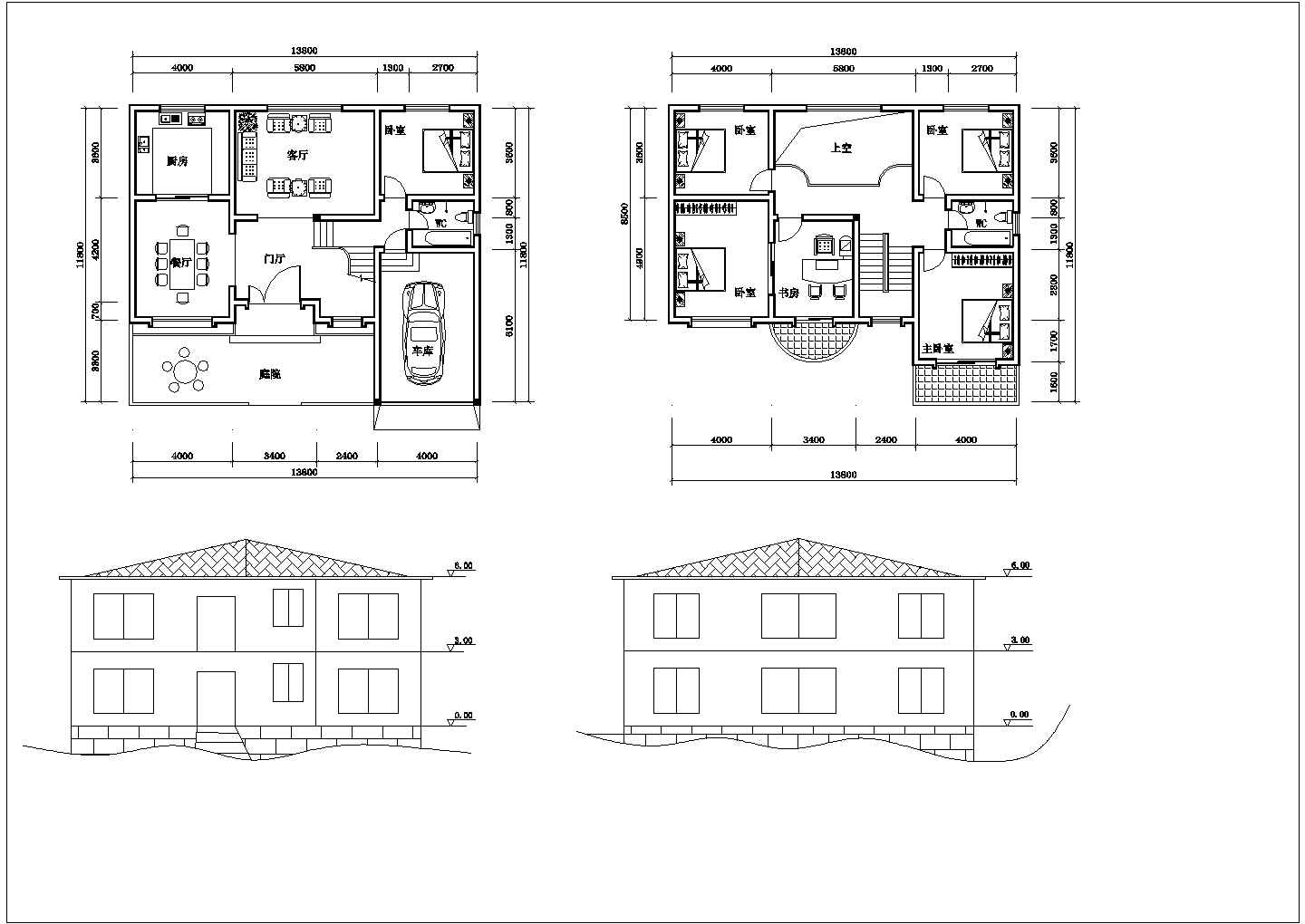 2层坡地农村房建筑方案初步CAD图纸设计