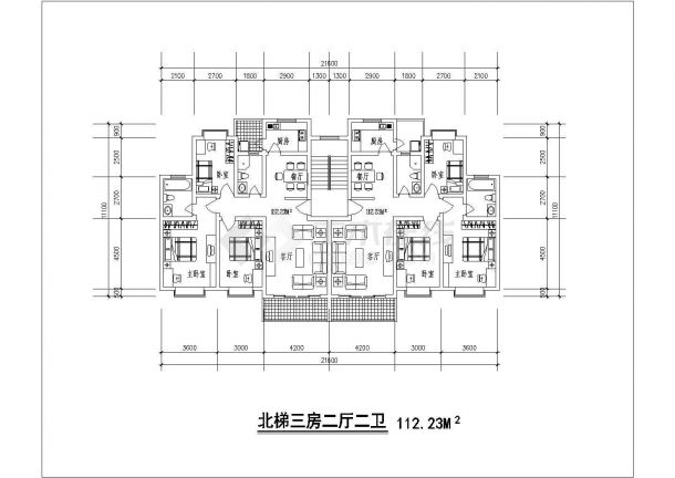 某CAD完整平立面方案1梯2户户型对称【北梯，3室2厅2卫2阳台、每户112.23平米】-图一
