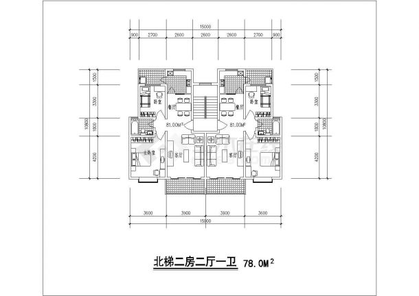 某CAD详细节点设计方案1梯2户户型对称【北梯，2室2厅1卫2阳台、每户78平米】-图一