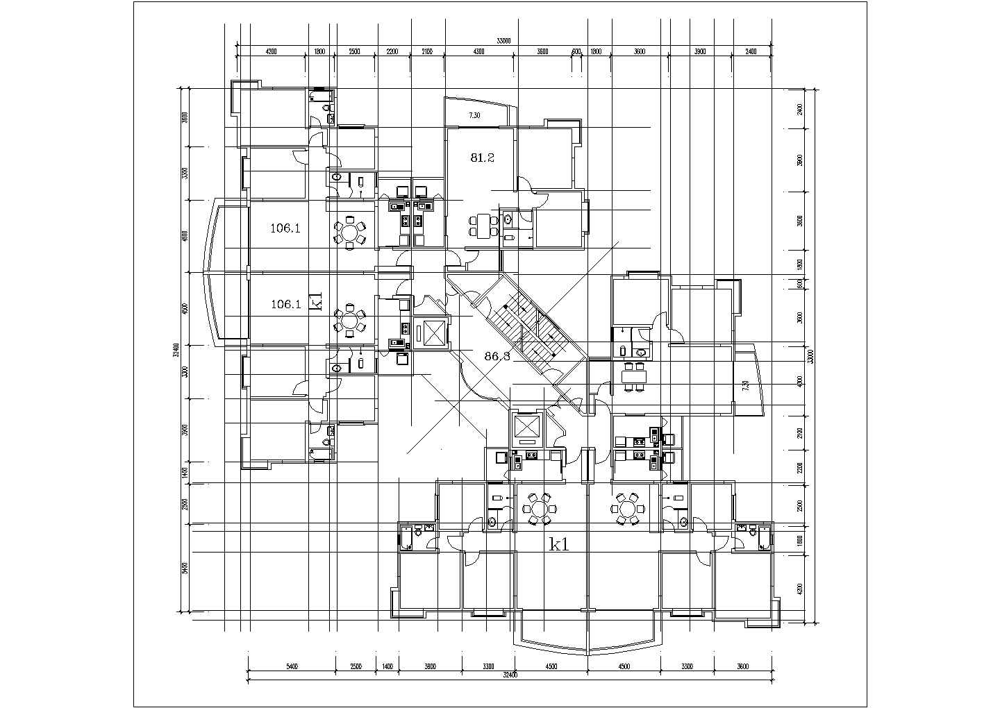 西安市融科新城小区高层公寓住宅楼局部平面设计CAD图纸