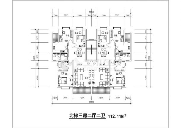 某CAD完整示意图方案1梯2户户型对称【北梯，3室2厅2卫2阳台、每户112.11平米】-图一