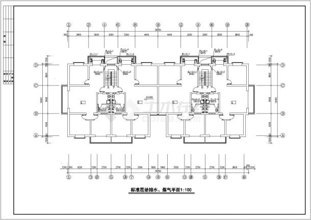 6层住宅楼给排水煤气平面及排水系统建施cad图，共六张-图二