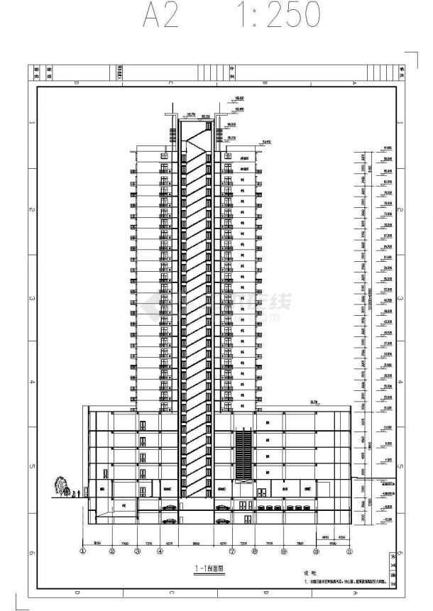 某地区26层带跃层高层商住楼楼身设计cad剖面图-图一