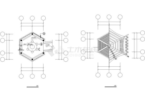 六角亭及连亭曲桥建筑设计CAD图-图一