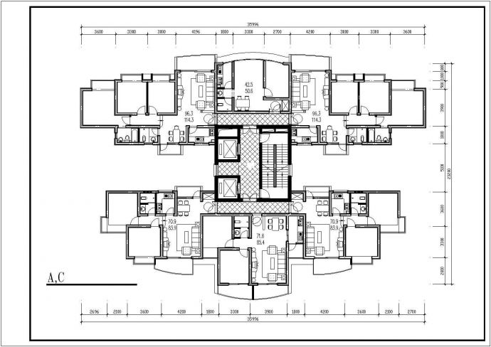 某高层户型CAD全套建筑施工平面图_图1