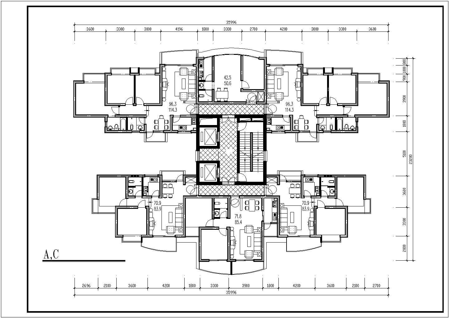 某高层户型CAD全套建筑施工平面图