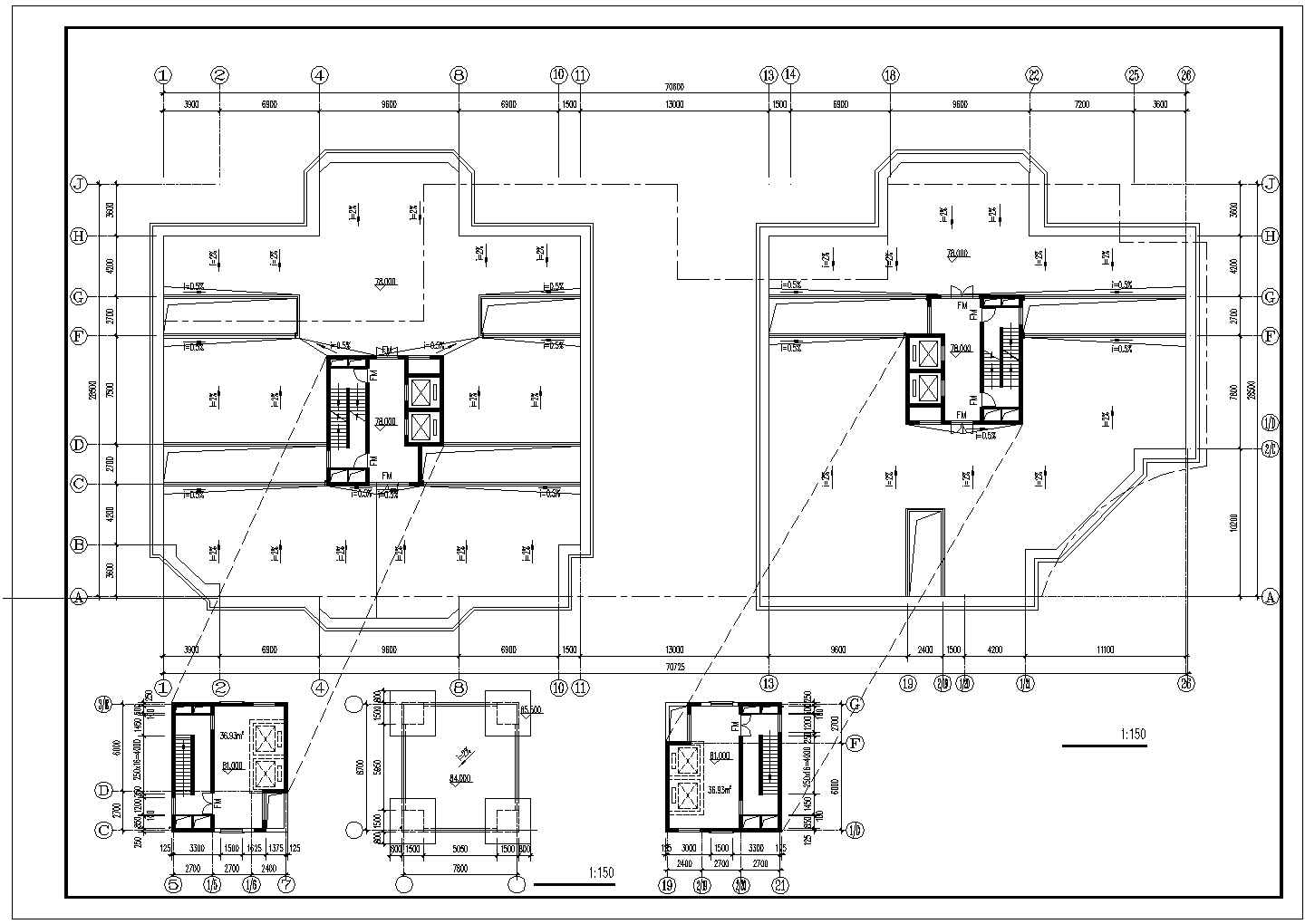 长70.85米 宽28.75米 26层框架结构CAD双塔式1楼梯2电梯6户住宅楼设计图