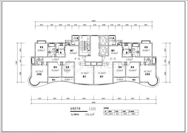 某CAD施工节点完整方案小区高层住宅标准层对称户型【1楼梯2电梯、4室2厅2卫1工人房2阳台、每户148.16平米】-图一