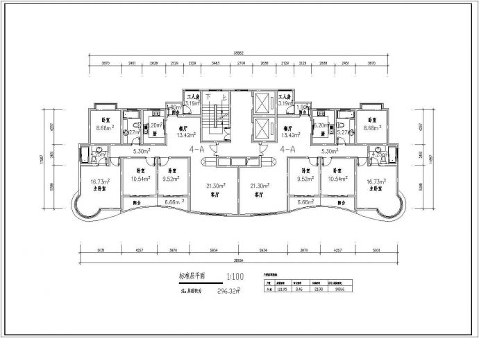 某CAD施工节点完整方案小区高层住宅标准层对称户型【1楼梯2电梯、4室2厅2卫1工人房2阳台、每户148.16平米】_图1