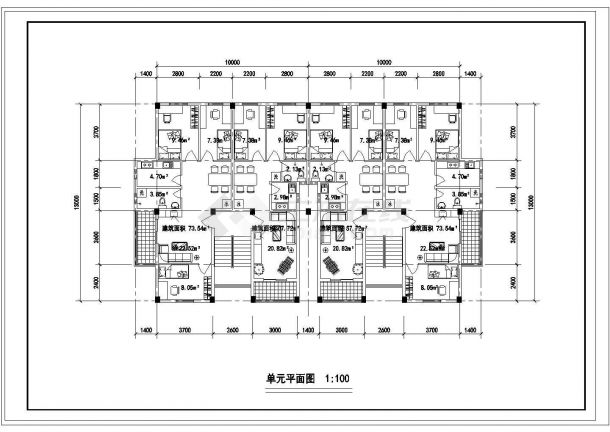 某CAD完整设计方案单元楼户型【2室2厅-57.72平 3室2厅-73.54平】-图一