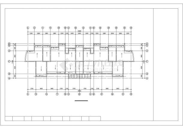 长34.8米 宽11.7米 五层单身公寓楼3单元每单元2户对称户型设计图（无剖面图）-图一