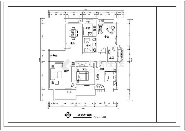 某CAD全套设计方案套房户型1个【3室2厅2卫1阳台1储藏室、长13.8595米、宽12.66米】-图一