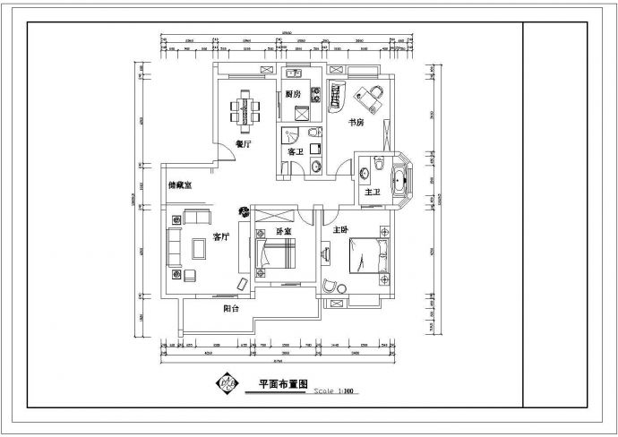 某CAD全套设计方案套房户型1个【3室2厅2卫1阳台1储藏室、长13.8595米、宽12.66米】_图1
