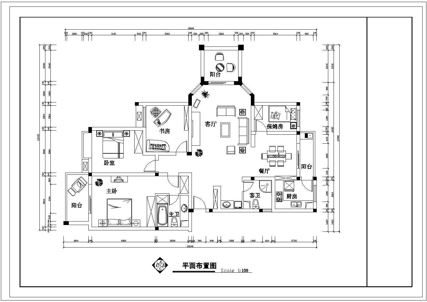 某CAD完整构造设计方案套房户型1个【3室2厅2卫3阳台1保姆房、长18.24米、宽13.5米】